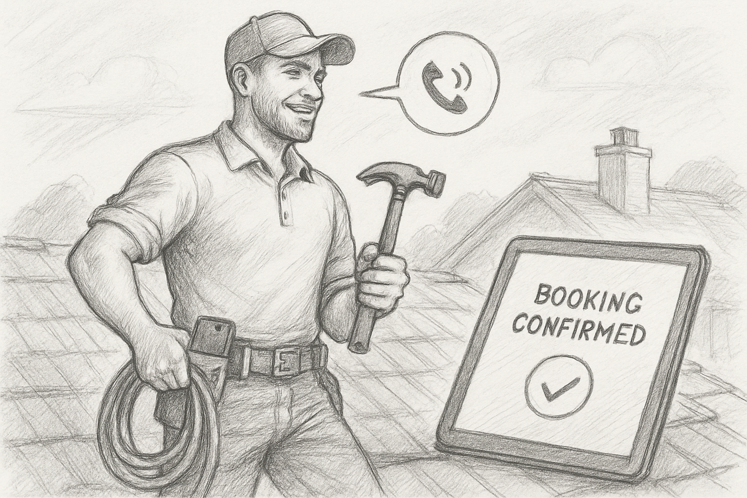 Tradie on a roof missing a phone call answered automatically by AI